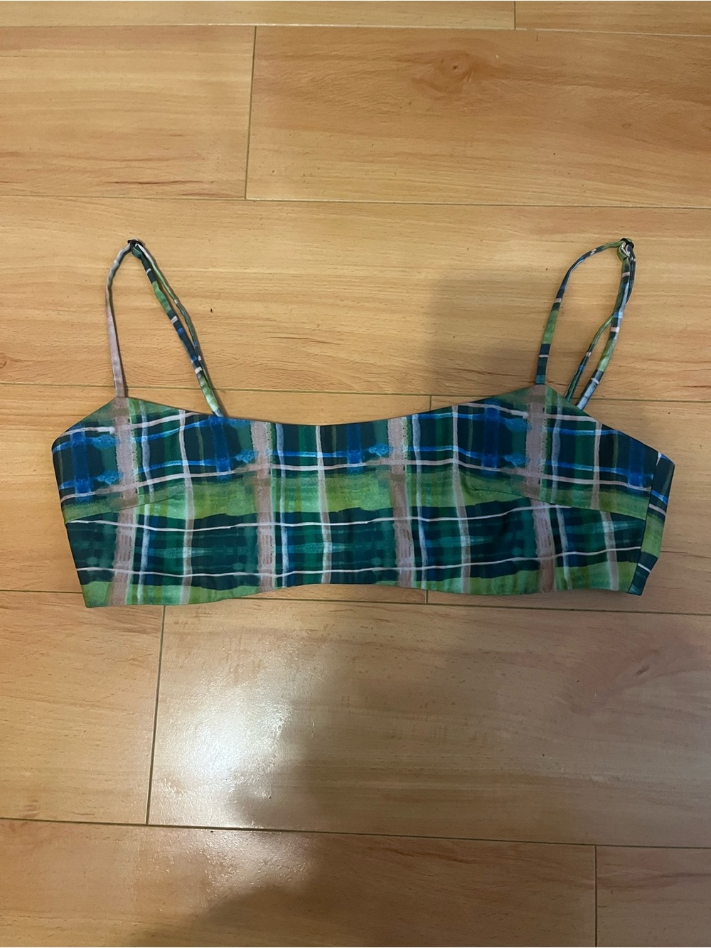 Danielle Guizio Plaid Print Green & Blue Bralette Crop Top